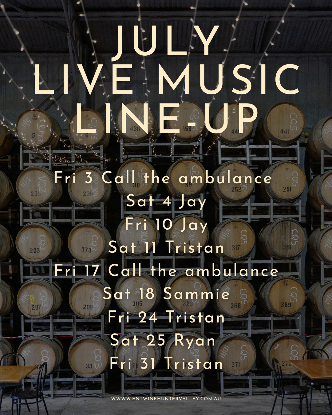 1_20260622_144648_0000 July live music schedule graphic showing the acoustic lineup for every Friday and Saturday night at Entwine Food Hub at Calais Estate.