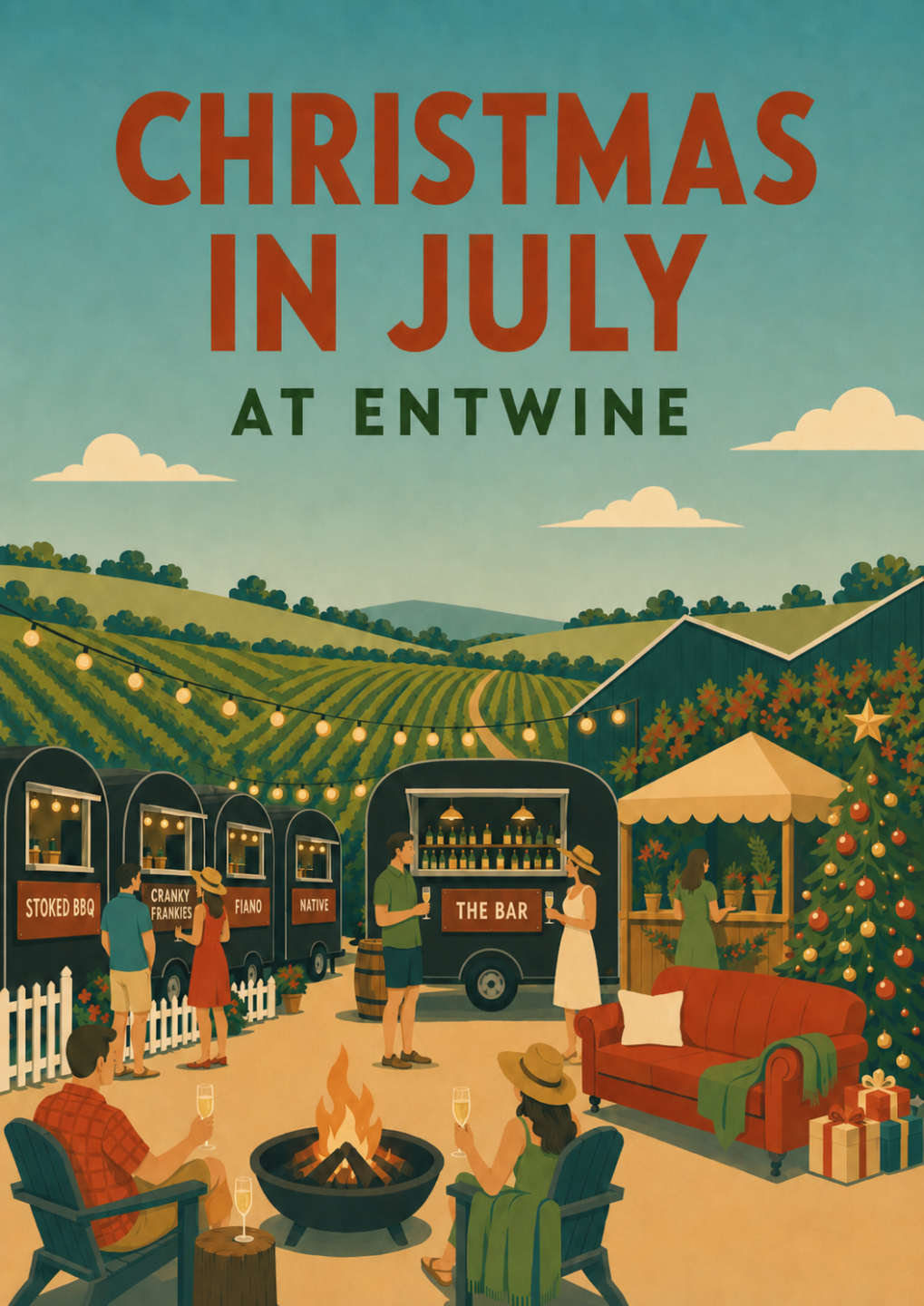 file_00000000c4c871fb83a46bb904d2aa3e Christmas in July at Entwine event poster illustration featuring food trailers, a cozy fire pit, a decorated Christmas tree, and people enjoying wine in a Hunter Valley vineyard setting.