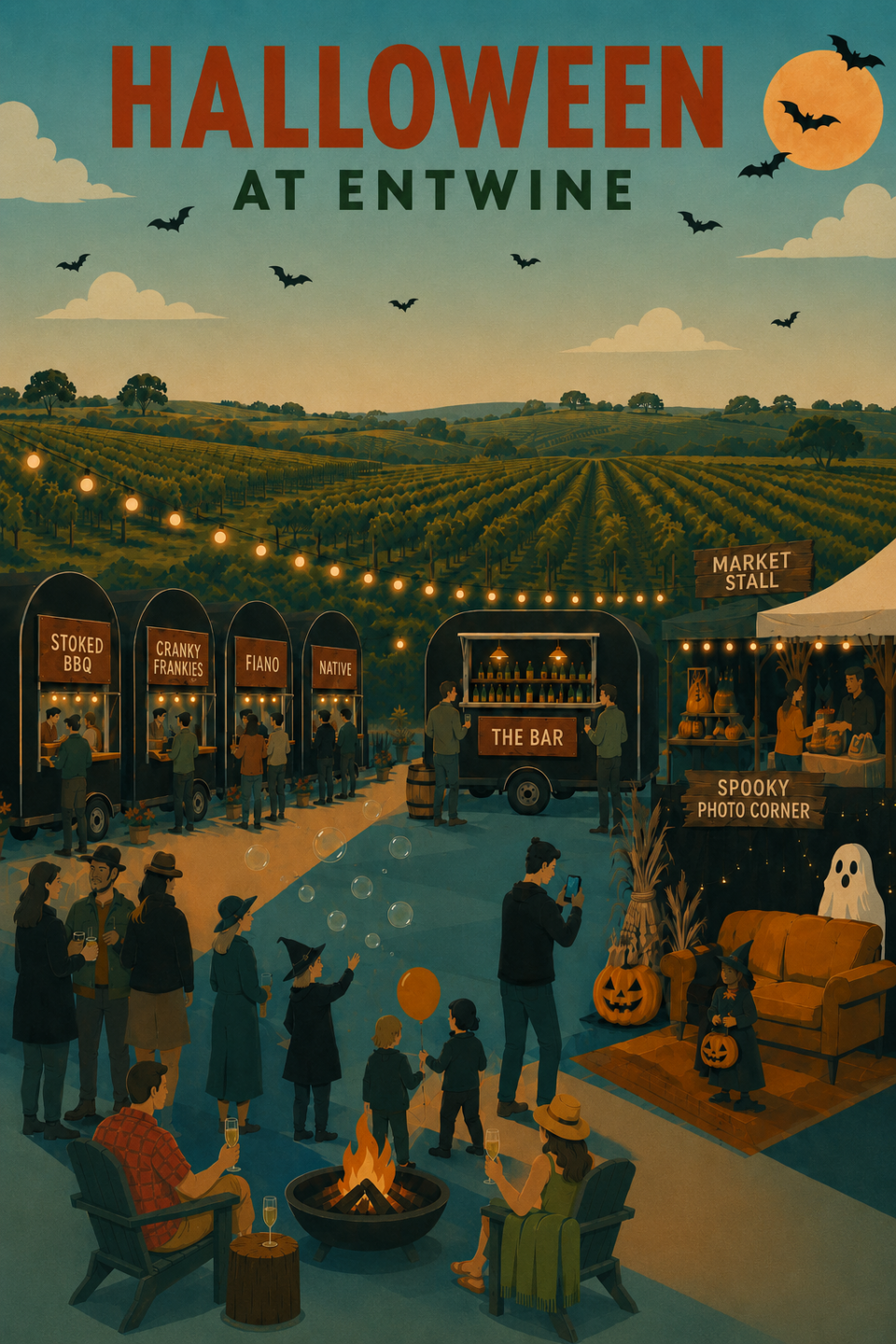 file_00000000f680720bb071650792a2f704 Halloween at Entwine event poster illustration showing food trailers, a cozy fire pit, a spooky photo corner, and families in costumes at a Hunter Valley vineyard at twilight.